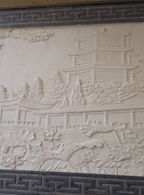 石雕浮雕山水风景迎客松花草石材壁画人物浮雕室内庭院照壁定制