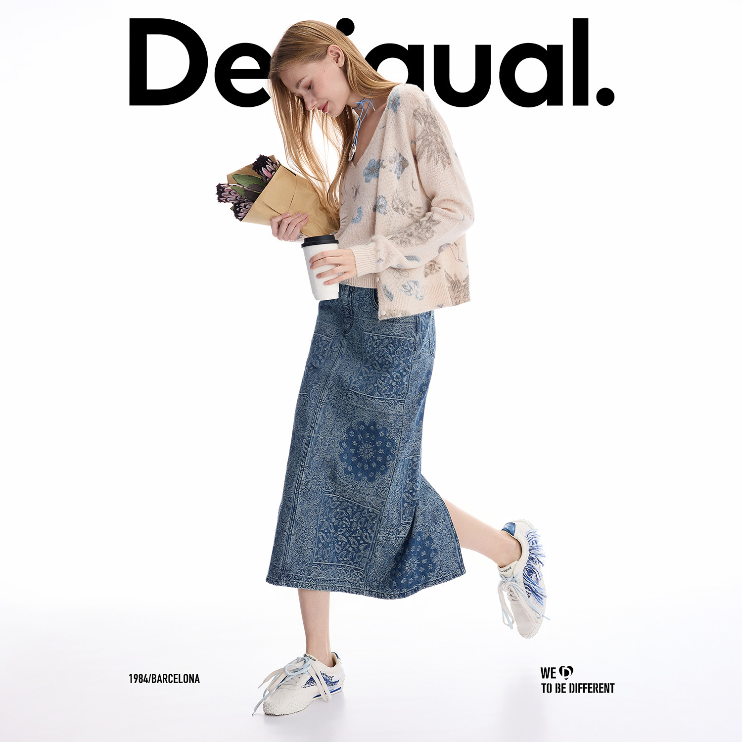 Desigual Two Piece Blue Floral Print Sling Long Sleeve Women's Sweater