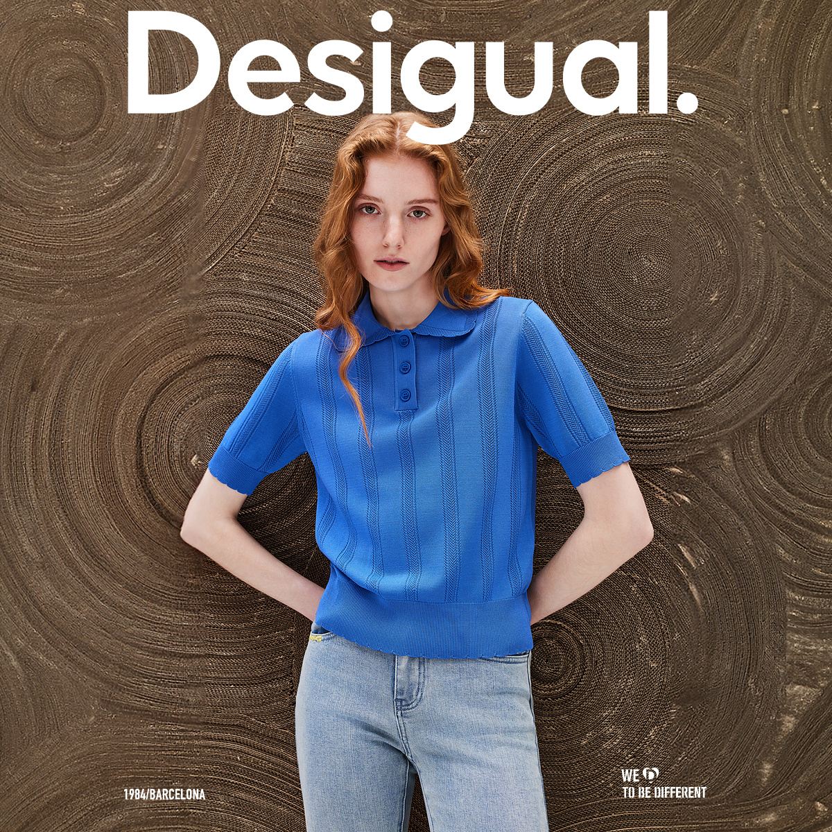 Desigual24春夏新品针织宽松镂空提花Polo领短袖女式针织衫 - 图0