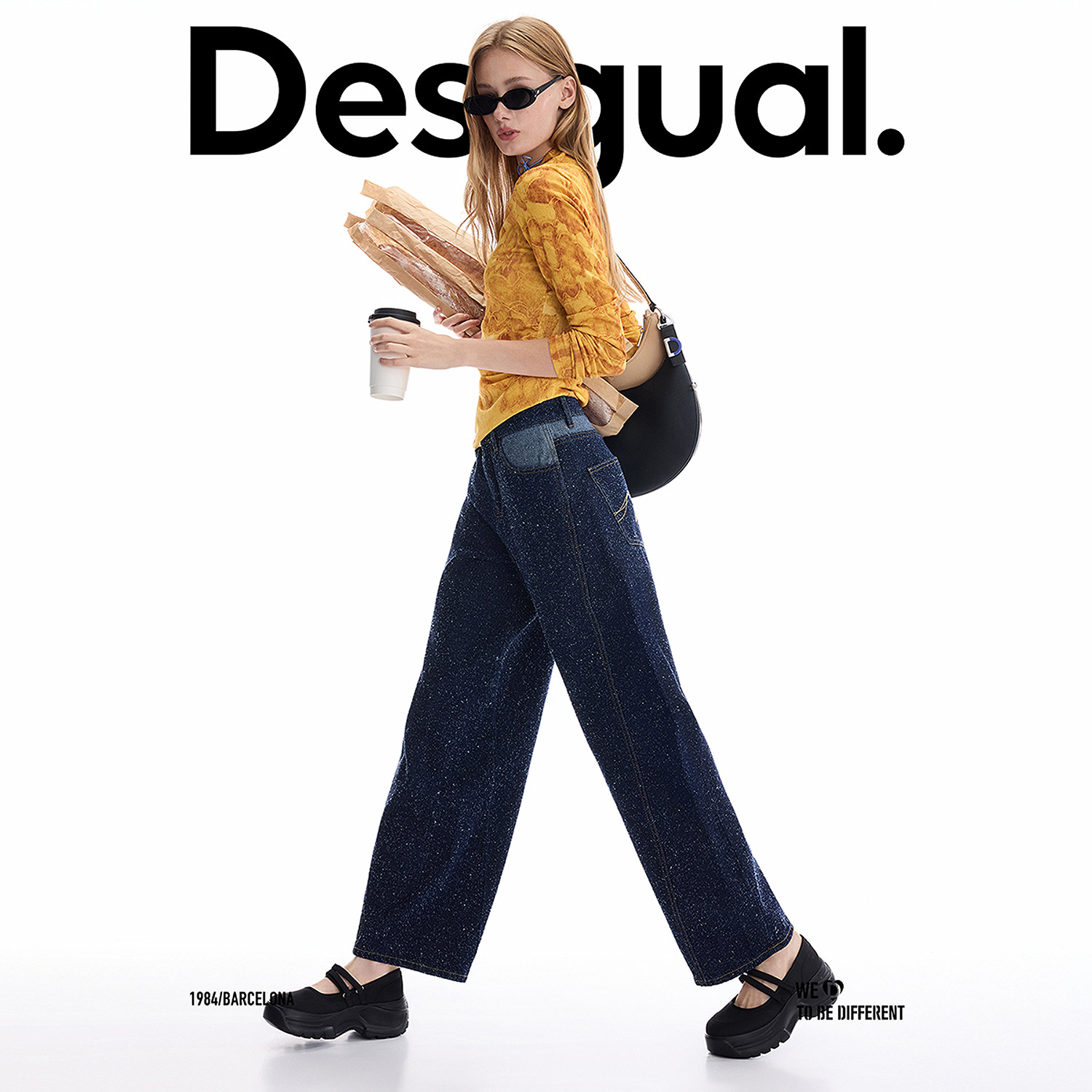 Desigual25秋冬新品蓝色牛仔提花磨破异色效果香蕉裤型女式牛仔裤,淘宝优惠券,粉丝福利购,淘宝优惠卷