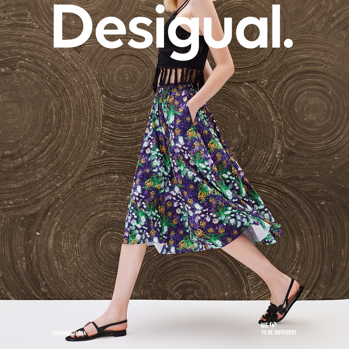 Desigual【西班牙时尚品牌】垂感伞摆印花中长款女式半身裙 - 图1