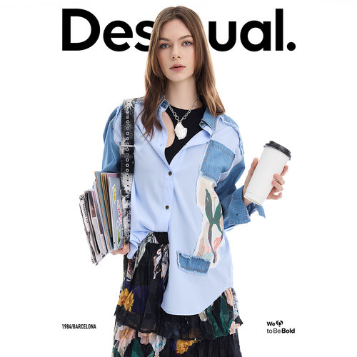 Desigual26春夏新品宽松牛仔拼接条纹印花贴布长袖女式衬衫 - 图2