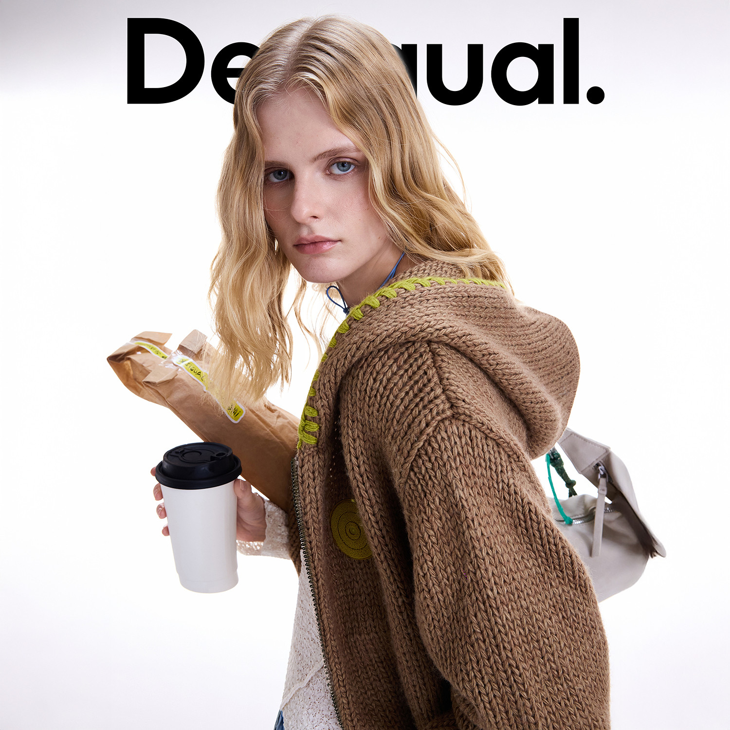 Desigual【博主同款】25秋冬新品羊毛混纺撞色连帽针织女士外套