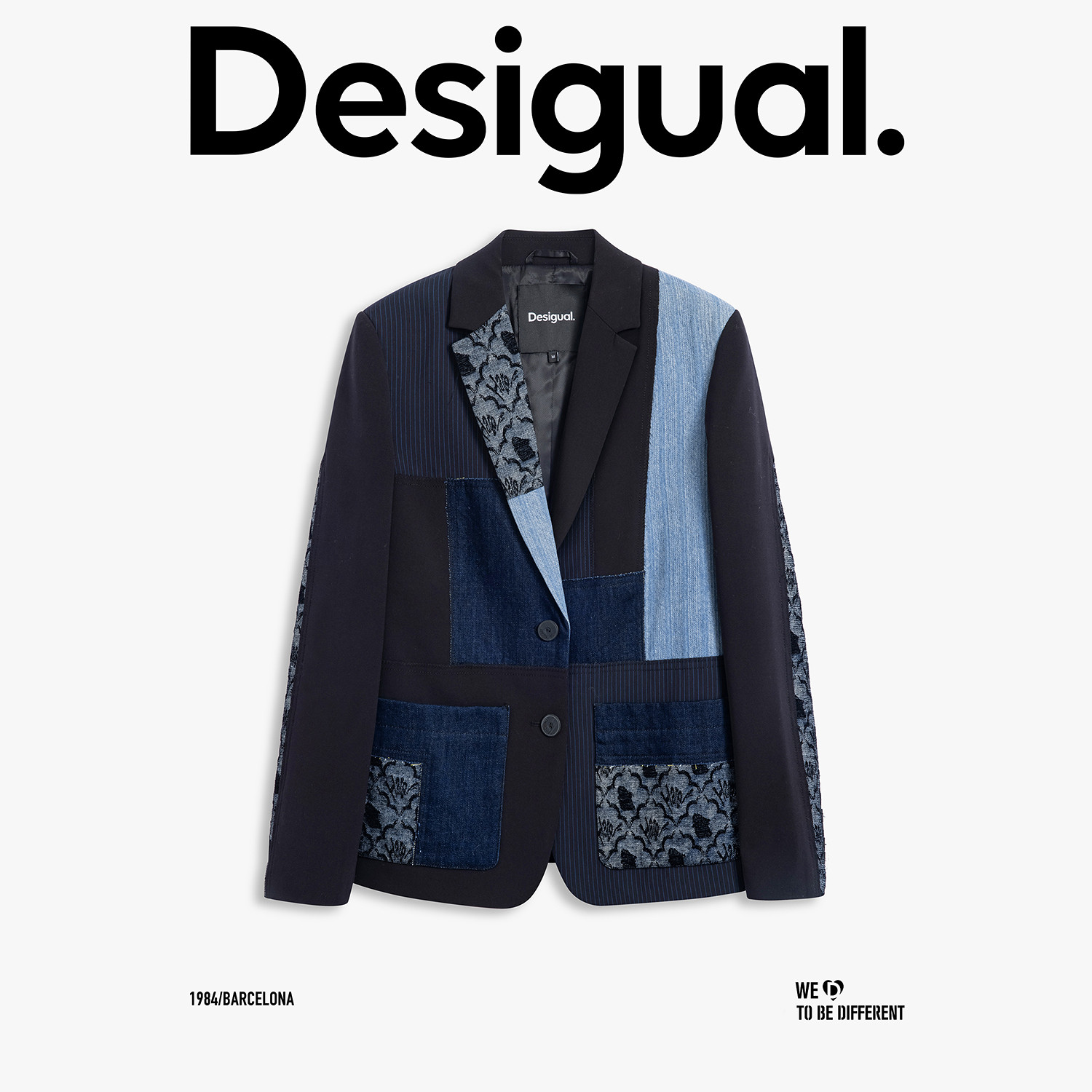 Desigual25秋冬新品牛仔提花拼接翻领西装女士外套