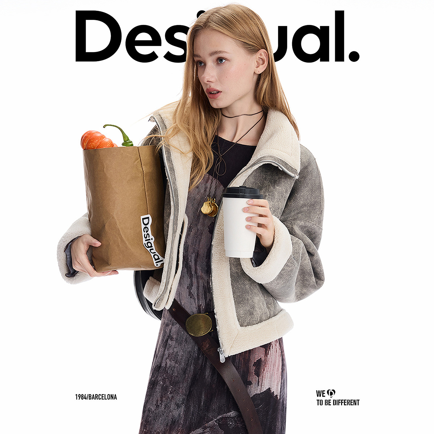 Desigual25秋冬新品廓形斑驳皮毛一体翻领女士外套