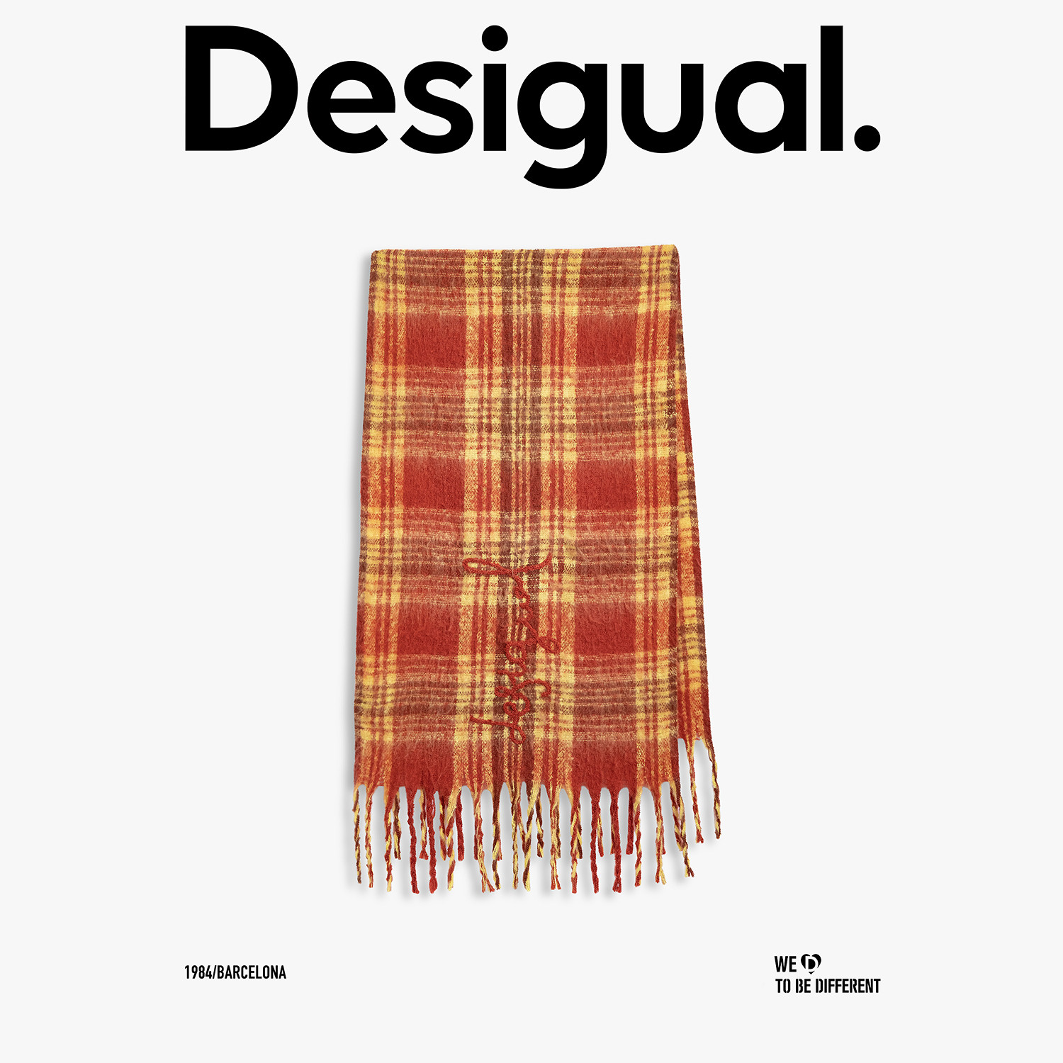 Desigual25秋冬红色毛圈绣格纹拉毛流苏围巾