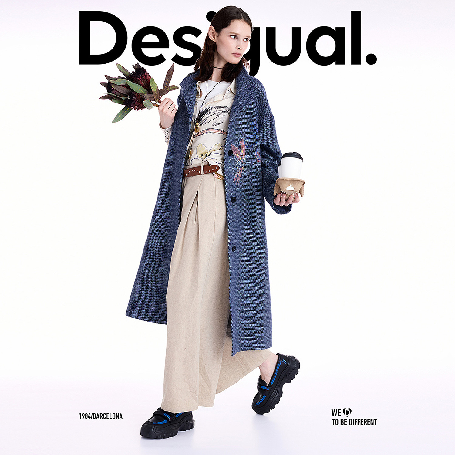 【超能小太阳严选】Desigual25秋冬新品手绘花卉刺绣立领大衣外套,淘宝优惠券,粉丝福利购,淘宝优惠卷