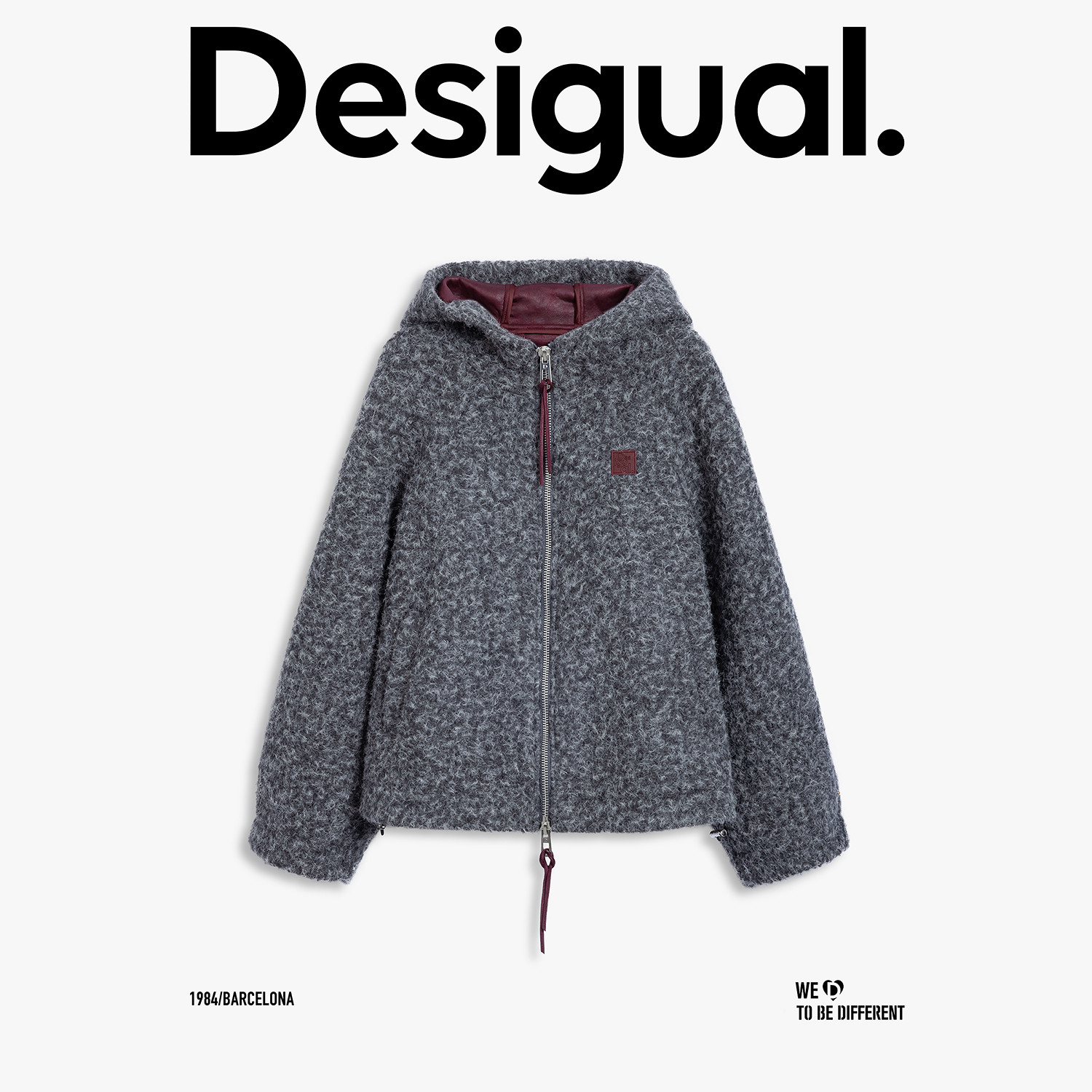 Desigual【博主同款】25秋冬新品廓形撞色连帽灰色圈圈毛女士外套