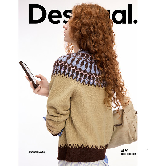 Desigual Blogger's Same Style Fair Isle Stand Collar Women's Knitted Jacket Cardigan Sweater