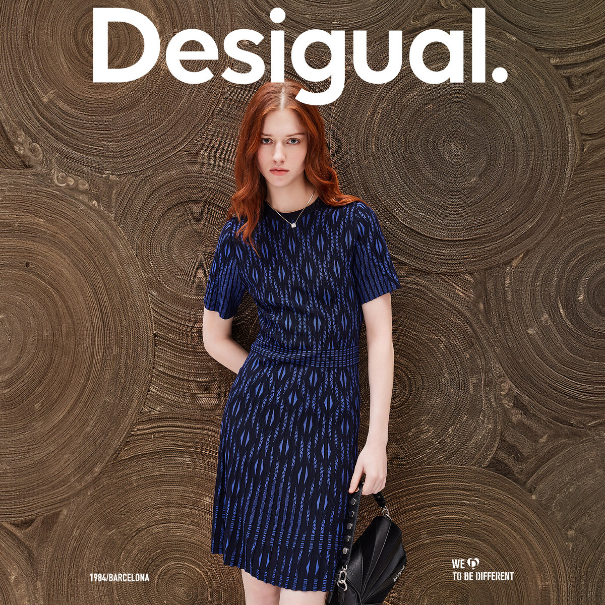 Desigual【西班牙时尚品牌】针织伞摆收腰弹力圆领中长款连衣裙 - 图0