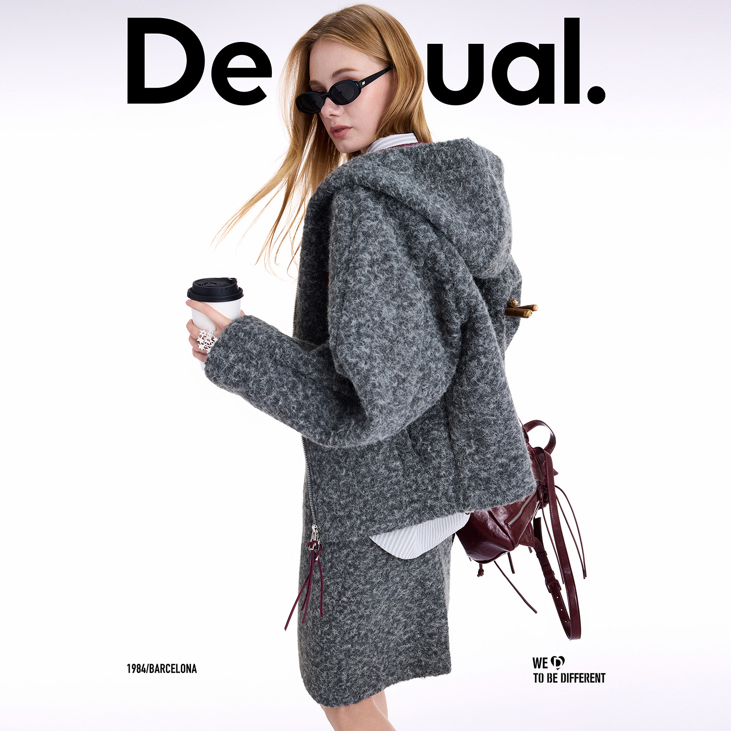 Desigual【博主同款】25秋冬新品廓形撞色连帽灰色圈圈毛女士外套