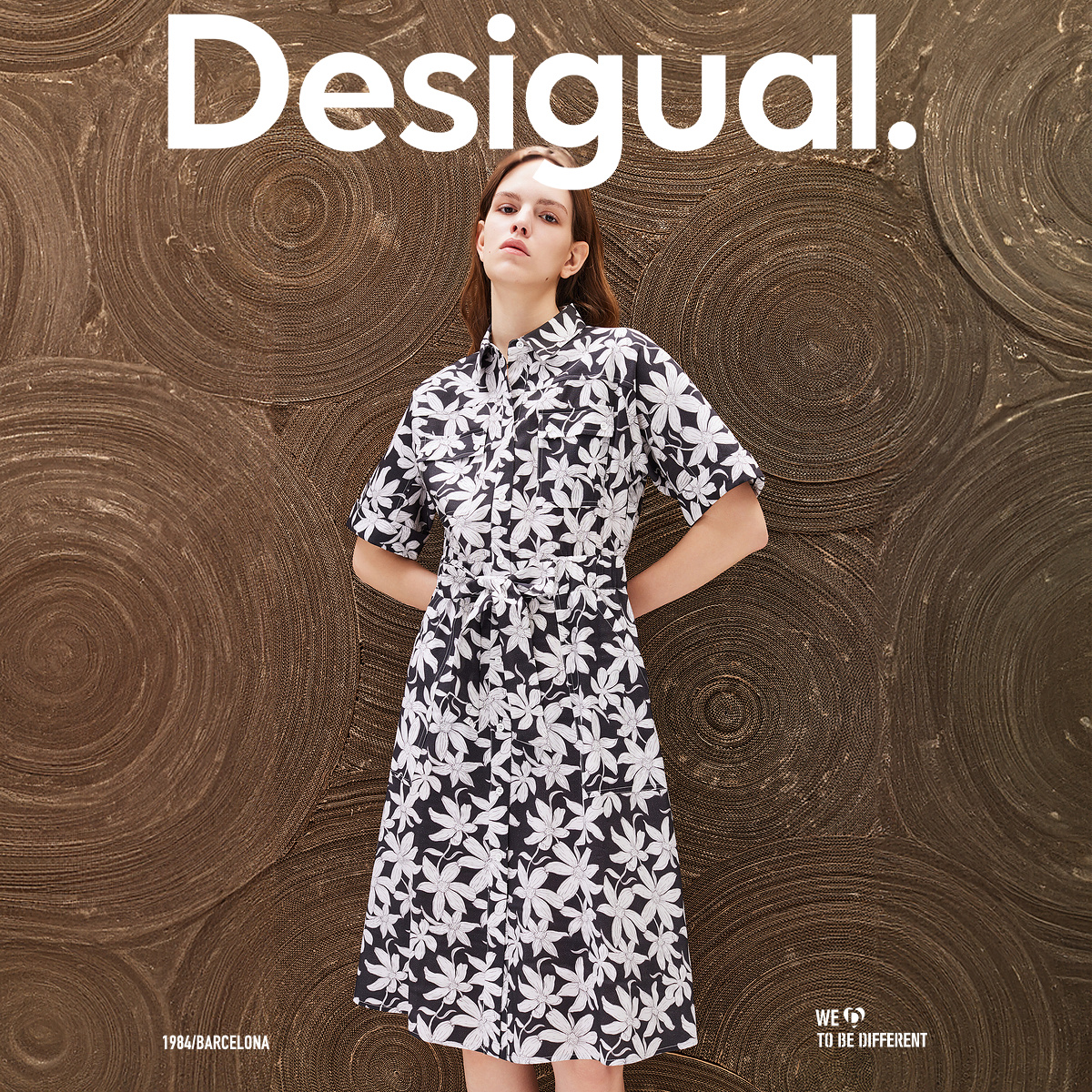 Desigual24春夏新品宽松黑白花朵印花翻领短袖连衣裙