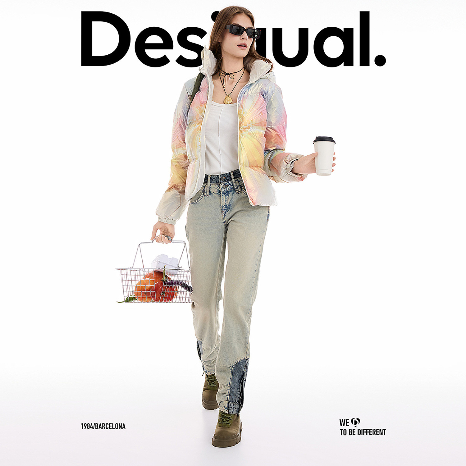 Desigual25秋冬新品镭射花卉印花连帽棉服女士外套
