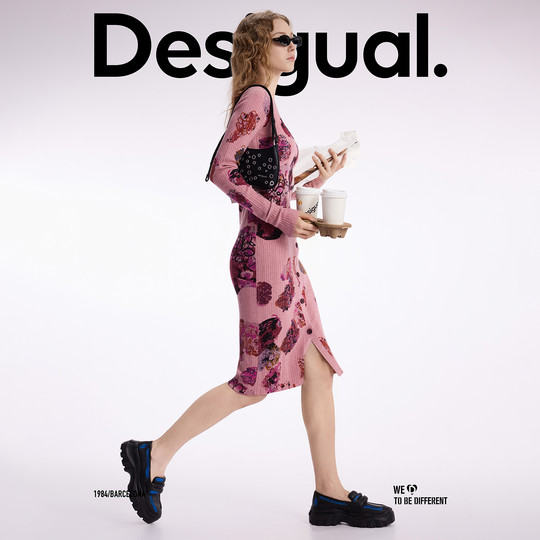 Desigual25 autumn and winter new slim fit printed front slit V-neck long-sleeved pink long dress