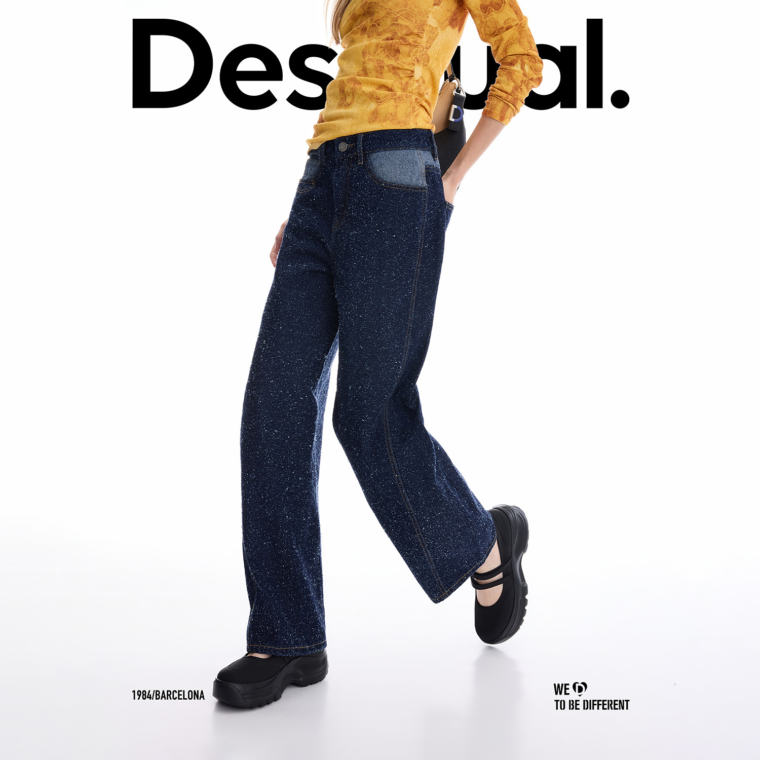 Desigual25秋冬新品蓝色牛仔提花磨破异色效果香蕉裤型女式牛仔裤,淘宝优惠券,粉丝福利购,淘宝优惠卷