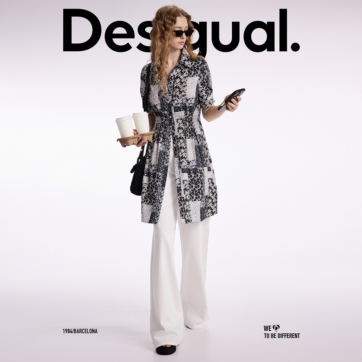 Desigual印花收腰翻领短袖衬衫连衣裙