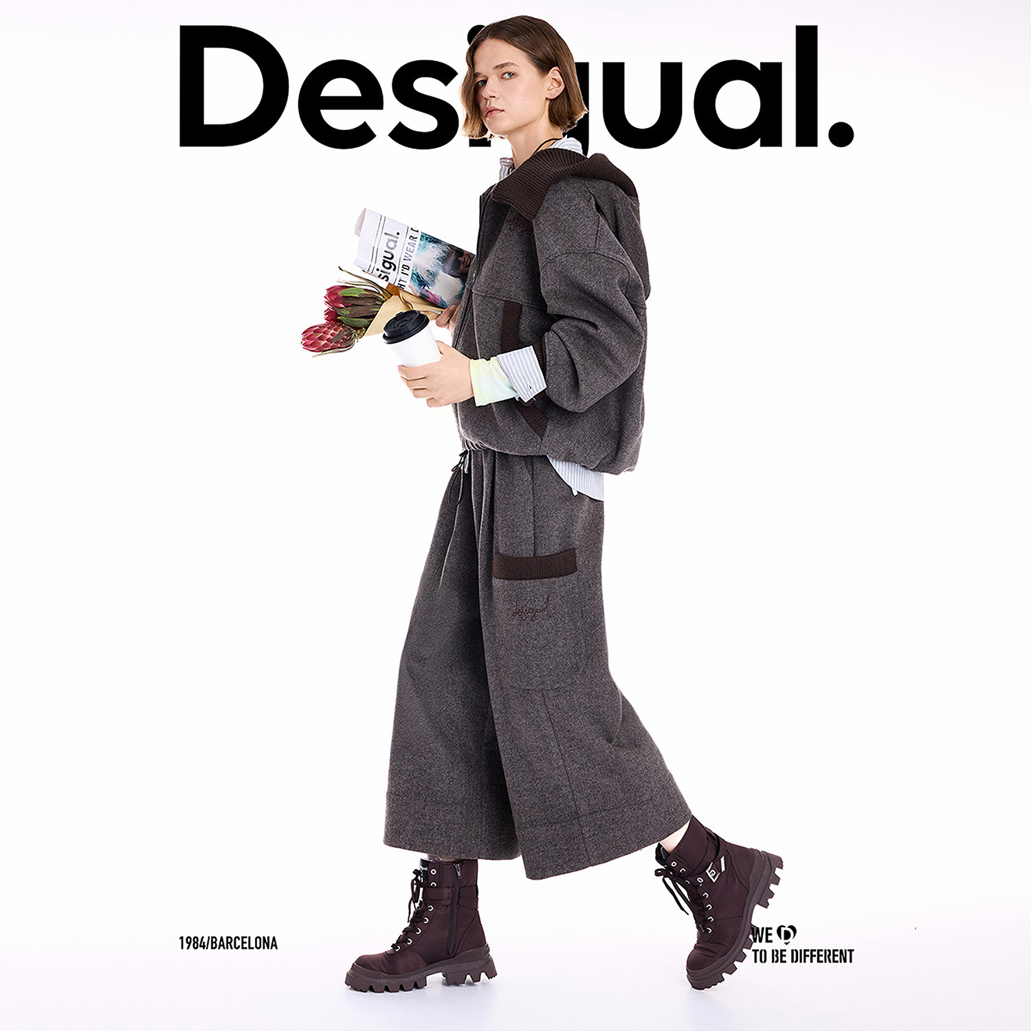 Desigual25秋冬新品廓形宽松斜纹毛呢连帽长袖女士外套