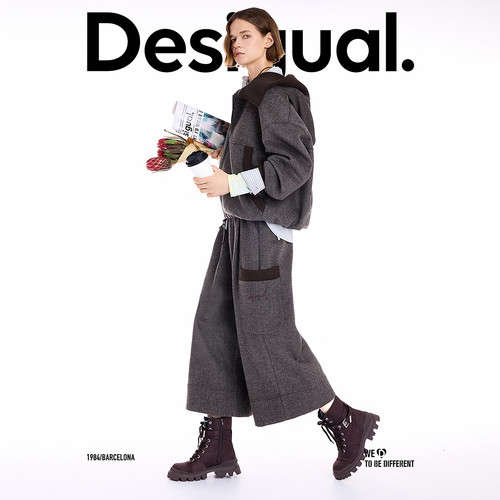 Desigual【博主同款】廓形宽松斜纹毛呢连帽长袖女士外套 - 图0