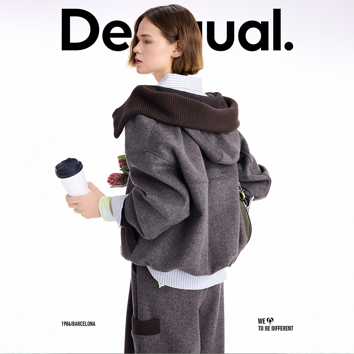 Desigual25秋冬新品廓形宽松斜纹毛呢连帽长袖女士外套