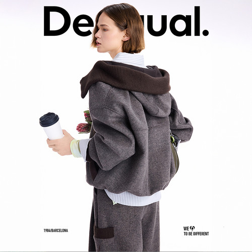 Desigual【博主同款】廓形宽松斜纹毛呢连帽长袖女士外套 - 图2