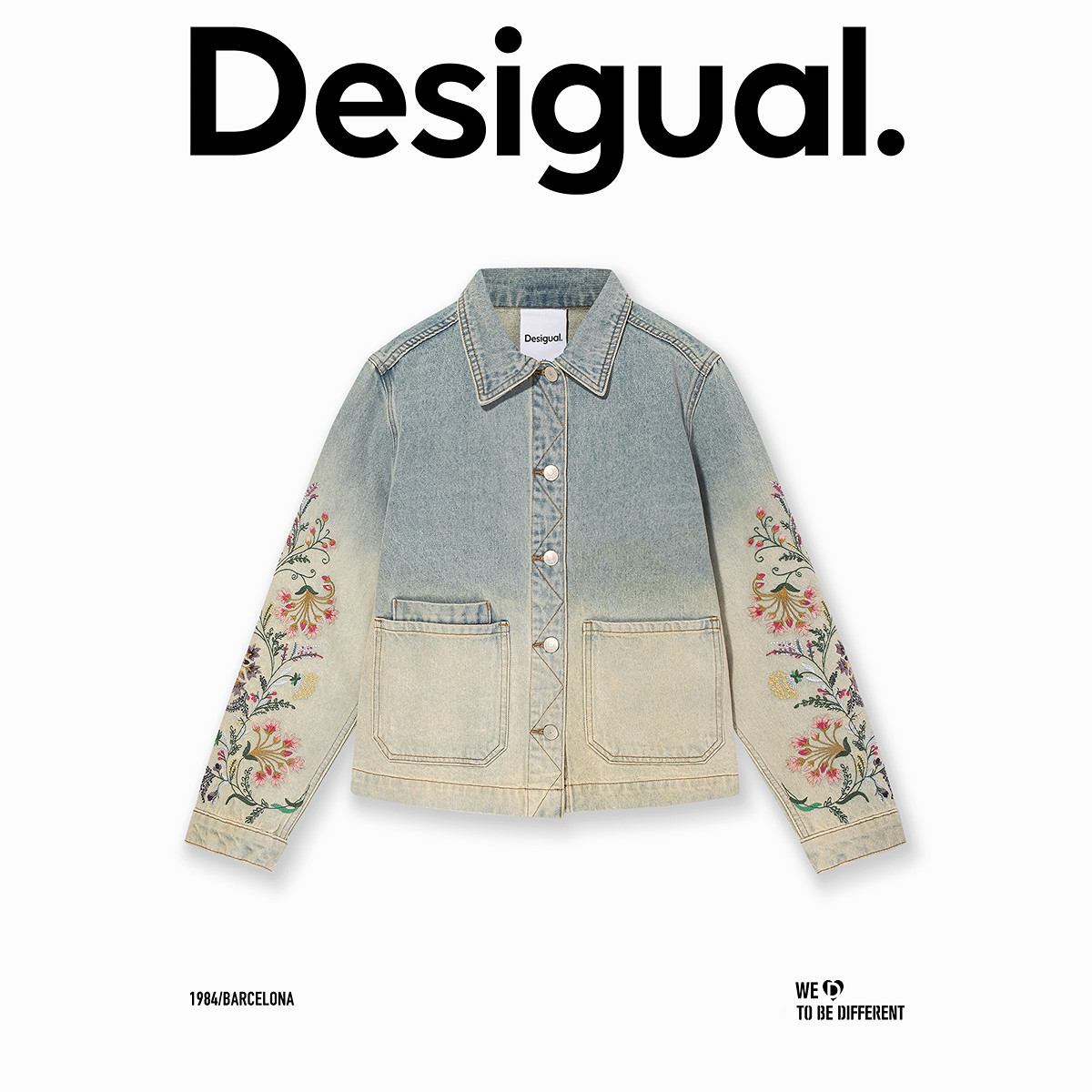 Desigual廓形渐变水洗重工花卉刺绣牛仔双贴袋女士外套