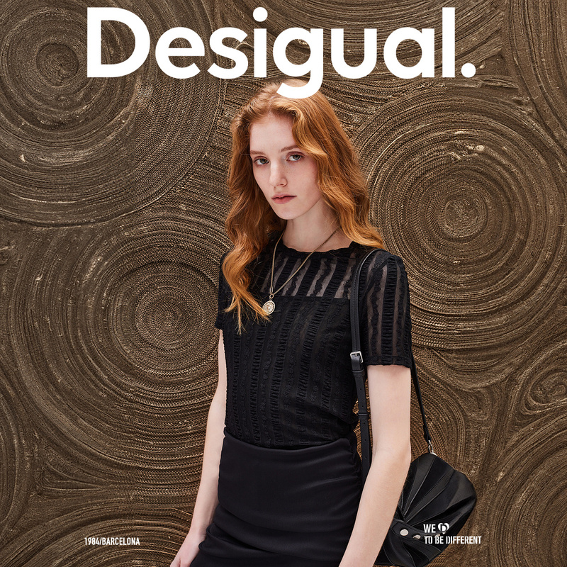 Desigual24春夏新款网眼褶皱条纹圆领女式T恤短袖夏季轻薄上衣女 - 图0