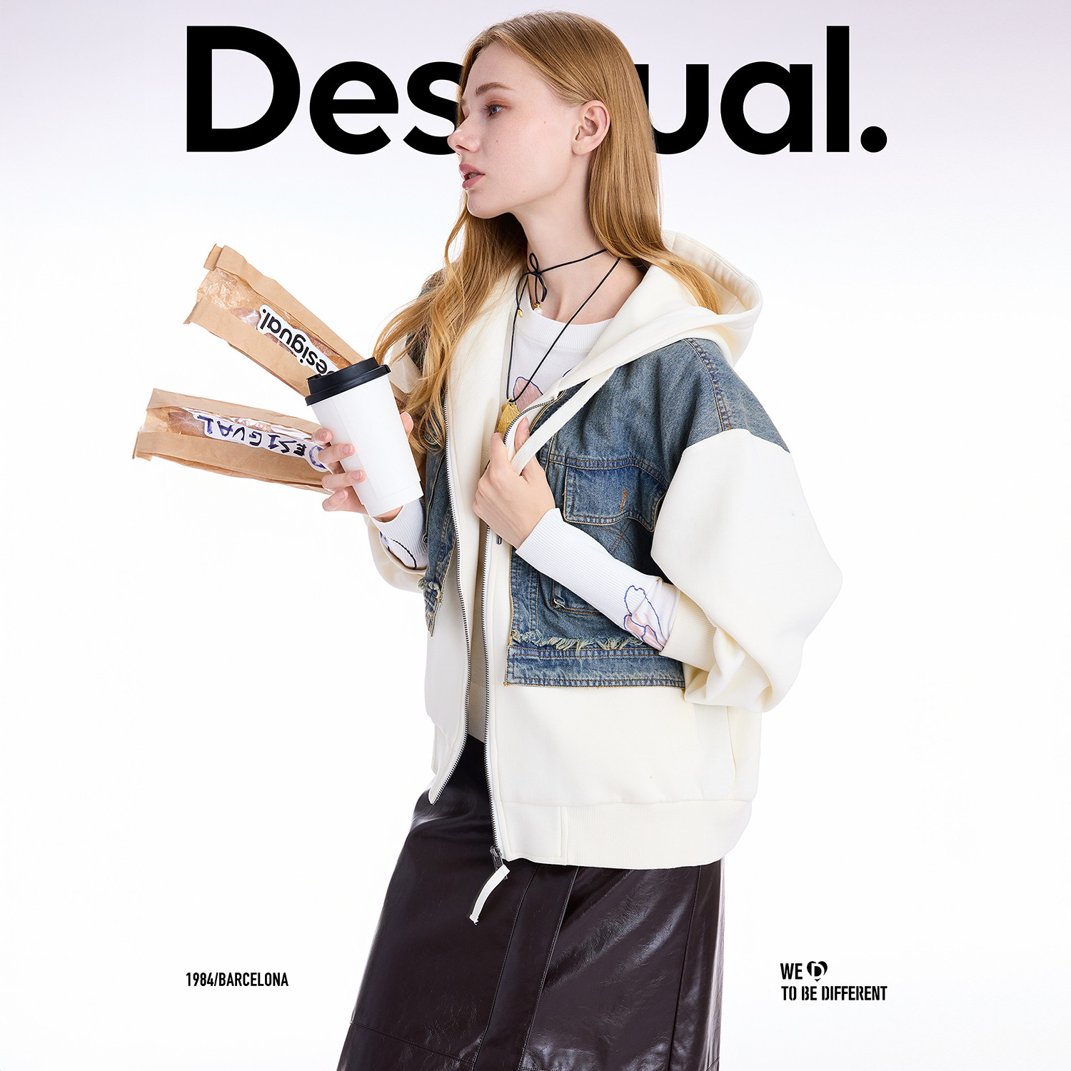 Desigual25秋冬新品牛仔马甲拼接连帽开衫廓形女士外套