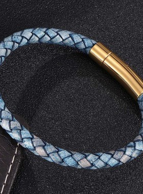 跨境饰品手工编织真皮手链金色按扣复古手环简约男女蓝色
