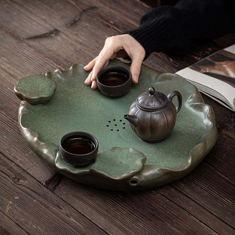 鎏金莲花茶盘茶具排水托盘家用储水茶台陶瓷干泡台大号圆形沥水盘 - 图1