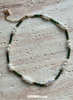 异形珍珠绿色天然石项链男