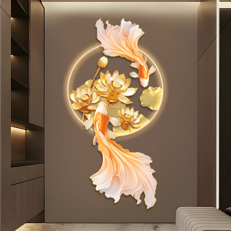 荷花玄关装饰画锦鲤挂画新中式入户走廊过道壁画发光新款背景墙画