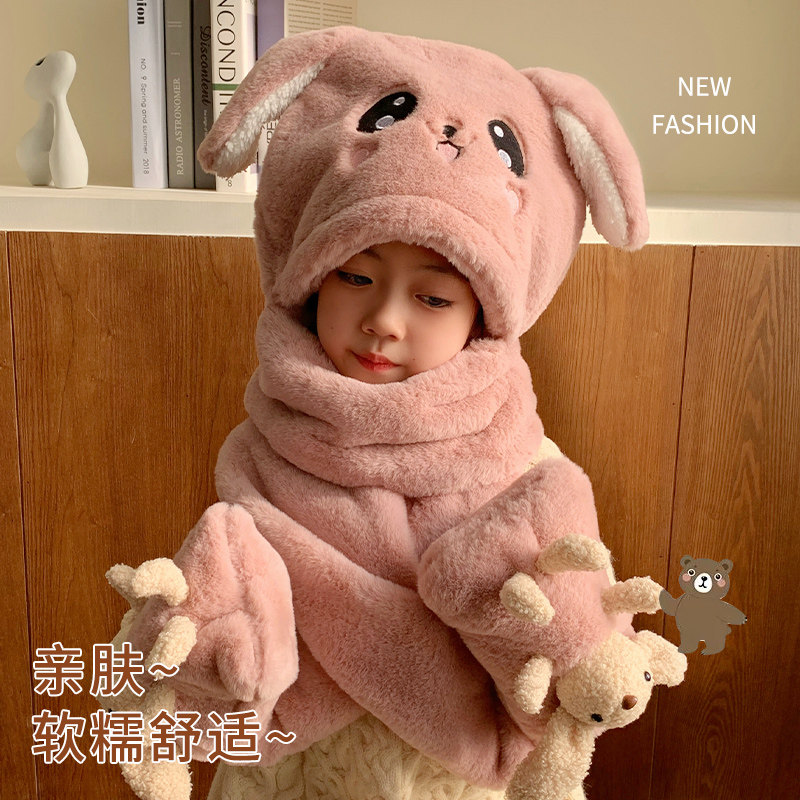 2025新款儿童帽子围巾一体秋冬兔耳朵会动女童围脖女孩男孩冬天潮,淘宝优惠券,粉丝福利购,淘宝优惠卷