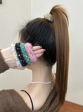 日韩彩色毛绒波点小香风毛线针织发圈皮筋毛巾圈发绳耐用扎头发女