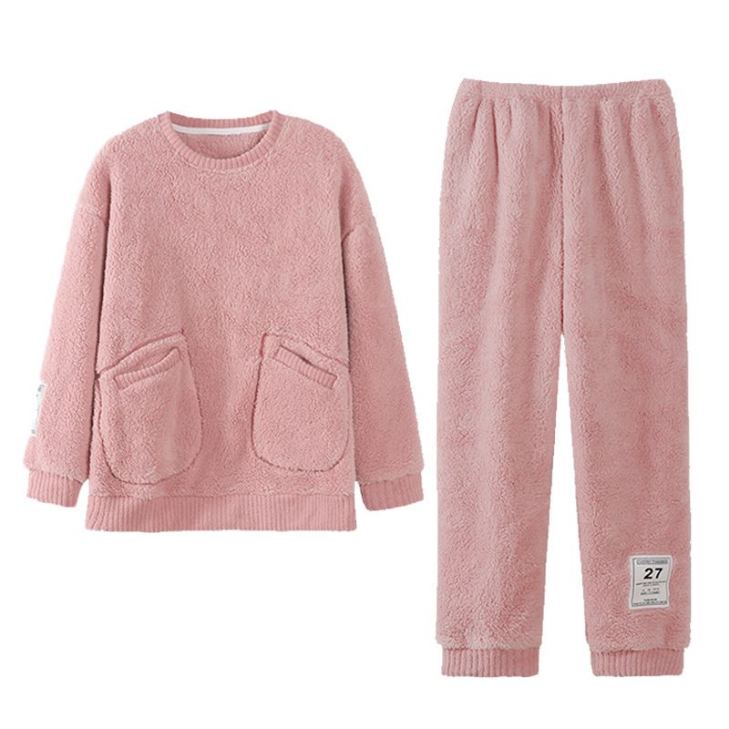 法兰绒睡衣女秋冬季加厚加绒家居服女士保暖休闲简约宽松套装 - 图3