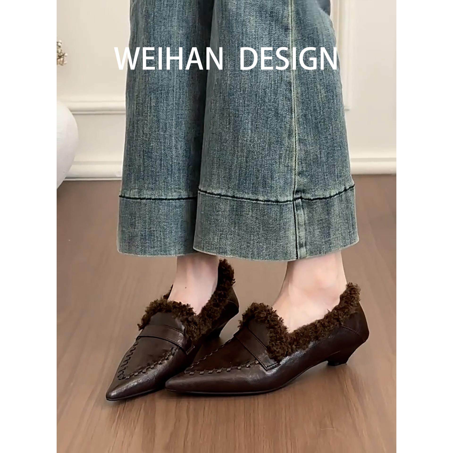 羊皮版！尖头保暖复古深口毛毛鞋女外穿包头低跟单鞋一脚蹬乐福鞋,淘宝优惠券,粉丝福利购,淘宝优惠卷