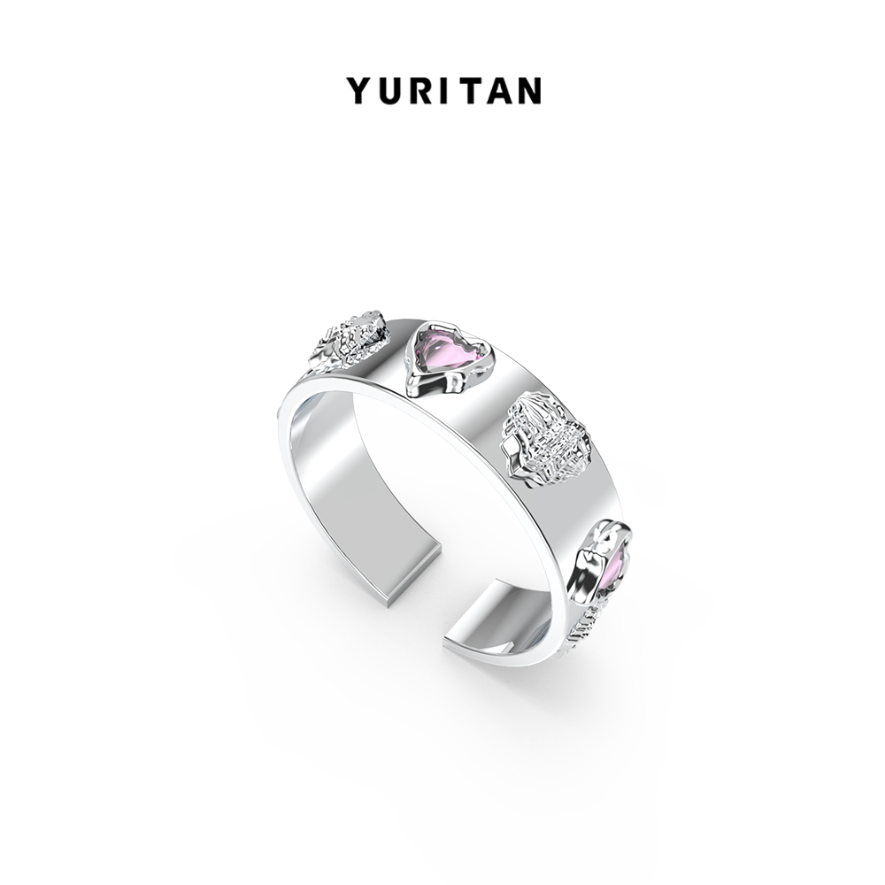 YURITAN海洋贝壳爱心镶钻开口戒指原创设计镀金镶嵌宝石情侣戒 - 图1