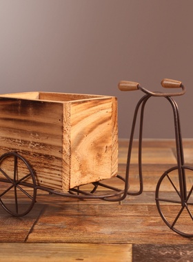 田园铁艺自行车花架室内摆台式三轮车木质花盆架家居桌面摆件装饰