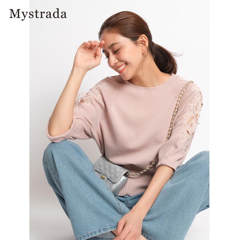 Mystrada2023早秋新品镂空袖刺绣5分袖上衣33354230 - 图2