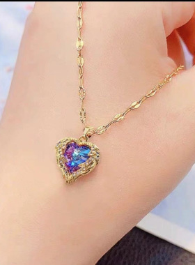 爆款蓝紫色水晶海洋首饰之心项链感不褪色锁骨百搭吊坠