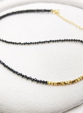 天然黑尖晶锁骨链碎银镀金小隔珠