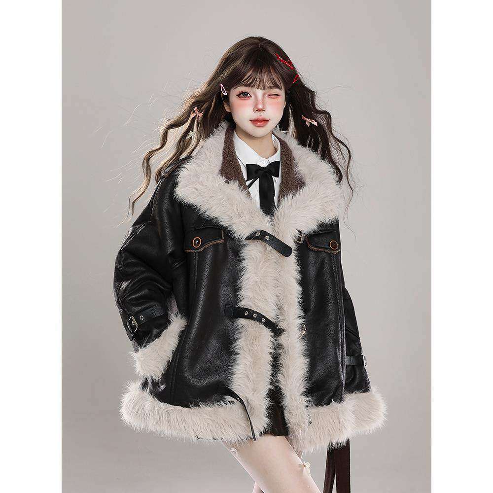 美国覆古高端皮草全合一摩托车夹克妇女在冬季羊毛衬里和加厚温暖,淘宝优惠券,粉丝福利购,淘宝优惠卷