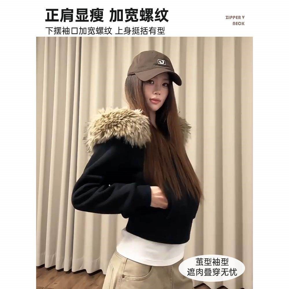 黑色连帽毛领加绒加厚外套女秋季2025新款美式短款小个子冬季上衣,淘宝优惠券,粉丝福利购,淘宝优惠卷