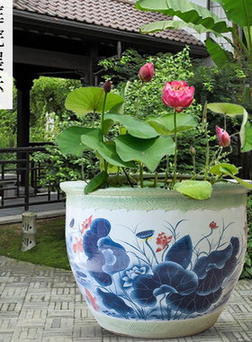 景德镇手绘荷花缸庭院落地大摆件