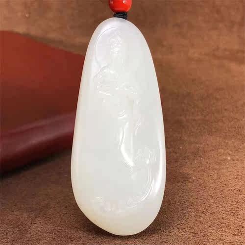 禧凤楼新疆和田玉籽料苏工雕刻白皮站立观音羊脂白玉吊坠 - 图2