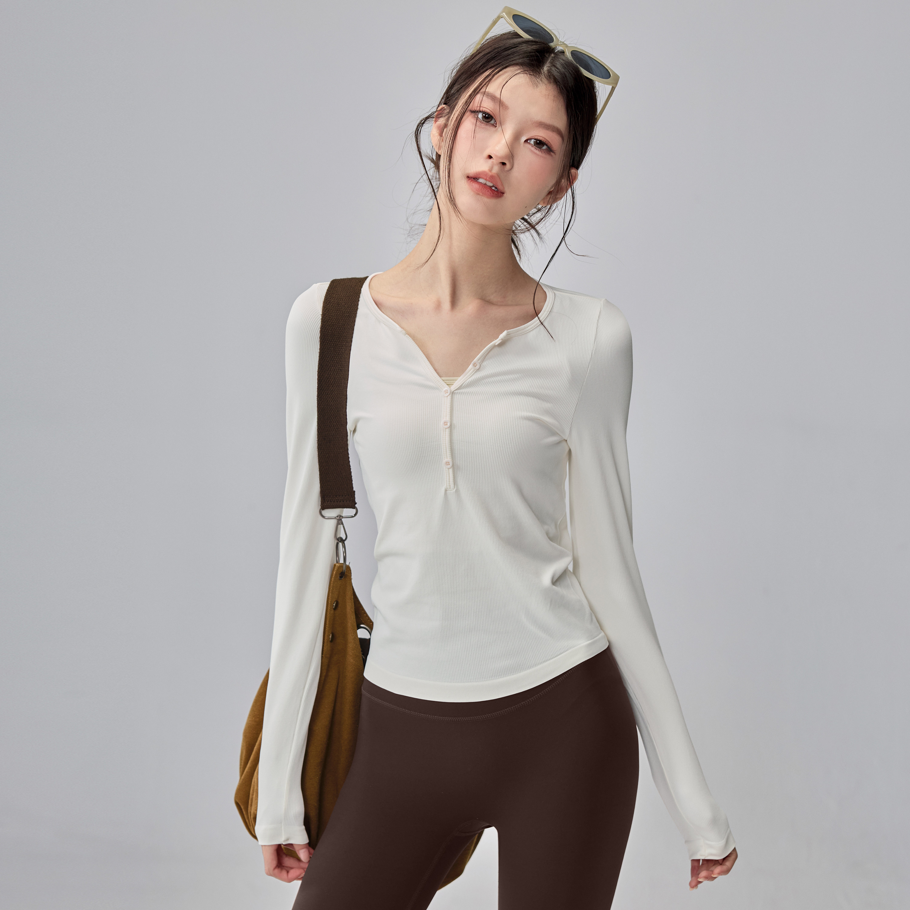 V领瑜伽服女秋冬修身运动长袖亨利衫普拉提训练健身上衣跑步T恤新,淘宝优惠券,粉丝福利购,淘宝优惠卷