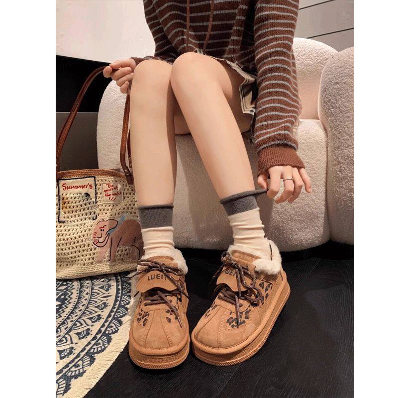 厚底翻盖豹纹保暖德训鞋女冬季新款圆头加绒休闲板鞋百搭毛毛棉鞋,淘宝优惠券,粉丝福利购,淘宝优惠卷