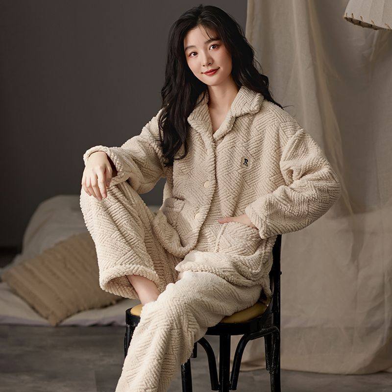 年女秋冬季睡衣提花绒套装加绒加厚翻领开衫家居服可外穿套装,淘宝优惠券,粉丝福利购,淘宝优惠卷