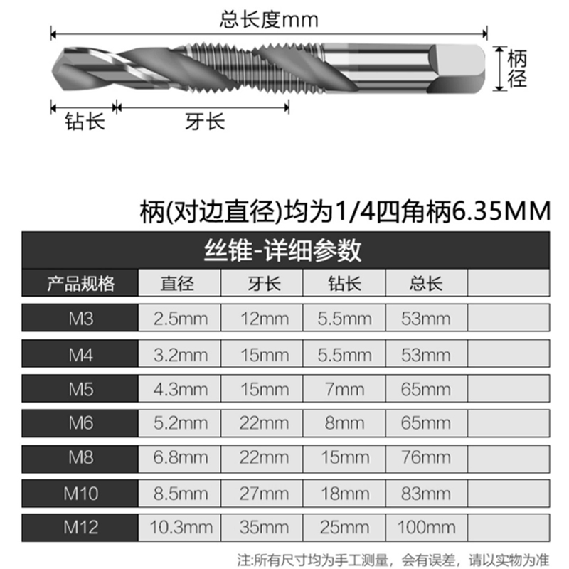 三合一复合丝锥螺旋镀钛丝攻M3M4M5M6倒角钻攻一体机用高速钢丝锥