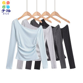 Zilu chaopin european and american style new american hot girl hot diamond diagonal collar off-shoulder long-sleeved t-shirt waisted short bottoming shirt