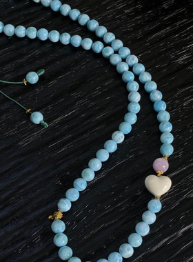 牙牙胖爱心紫锂辉蜜蜡三通18K金豆豆花瓣海纹石项链手链款7mm